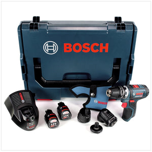Bosch GSR 12V-15 FC Professional FlexiClick Akku Bohrschrauber mit 2 x 2 Ah Akkus + Lader + 3 tlg. Aufsätze - Set in L-Boxx ( 06019F6000 )