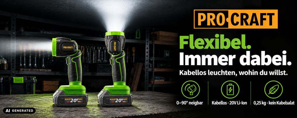 Procraft LL18bb Faretto LED a batteria 20 V 300 lm + 2x batteria 4,0 Ah + caricabatteria