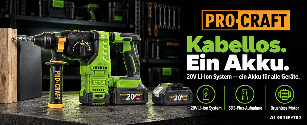 Procraft PHA30-bb-c Akku Bohrhammer 20 V 2,8 J SDS plus Brushless + 2x Akku 4,0 Ah + Ladegerät + Koffer