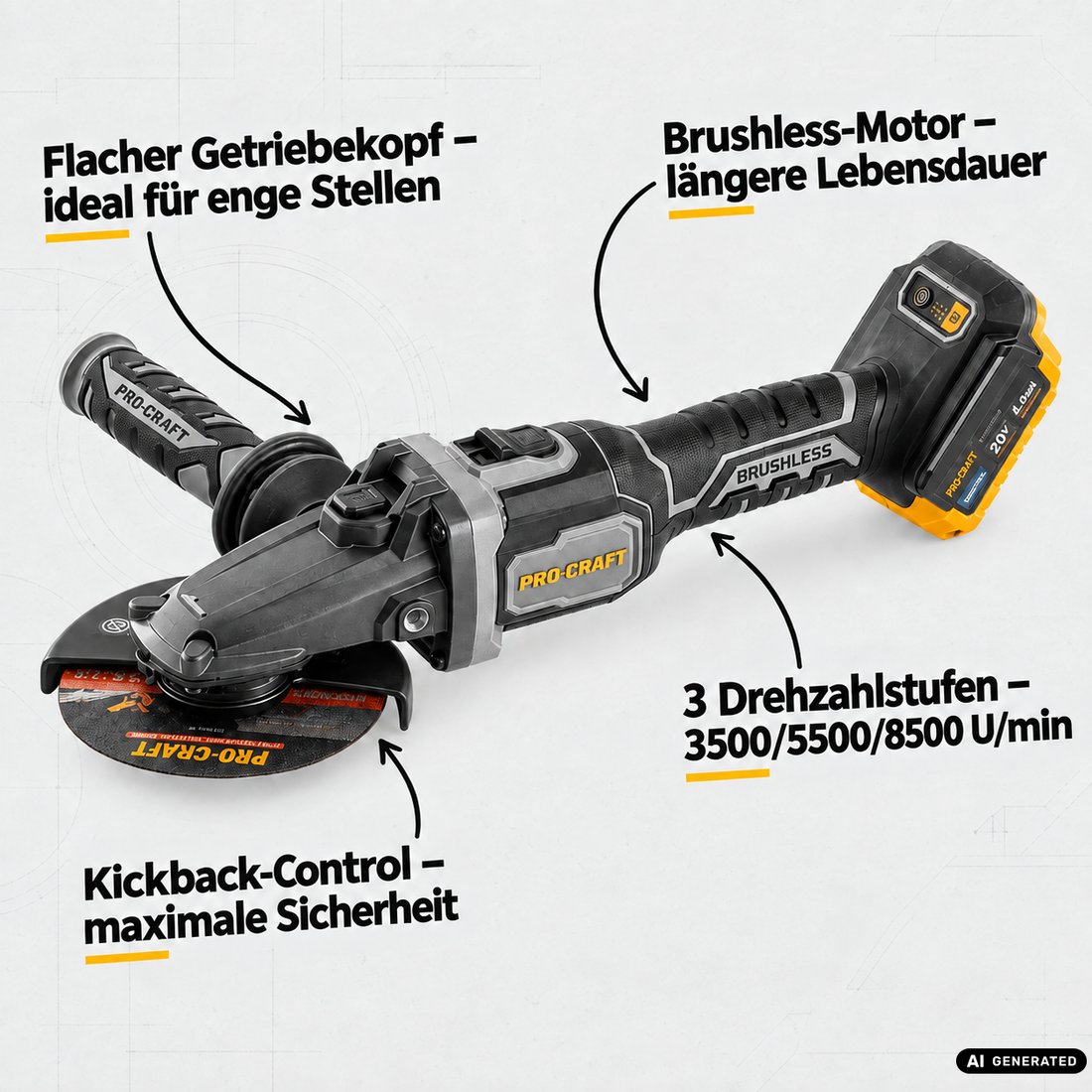 Smerigliatrice angolare a batteria Procraft Industrial AG125Cbb con testa piatta 20 V 125 mm Brushless + 1x batteria 4,0 Ah - senza caricabatteria