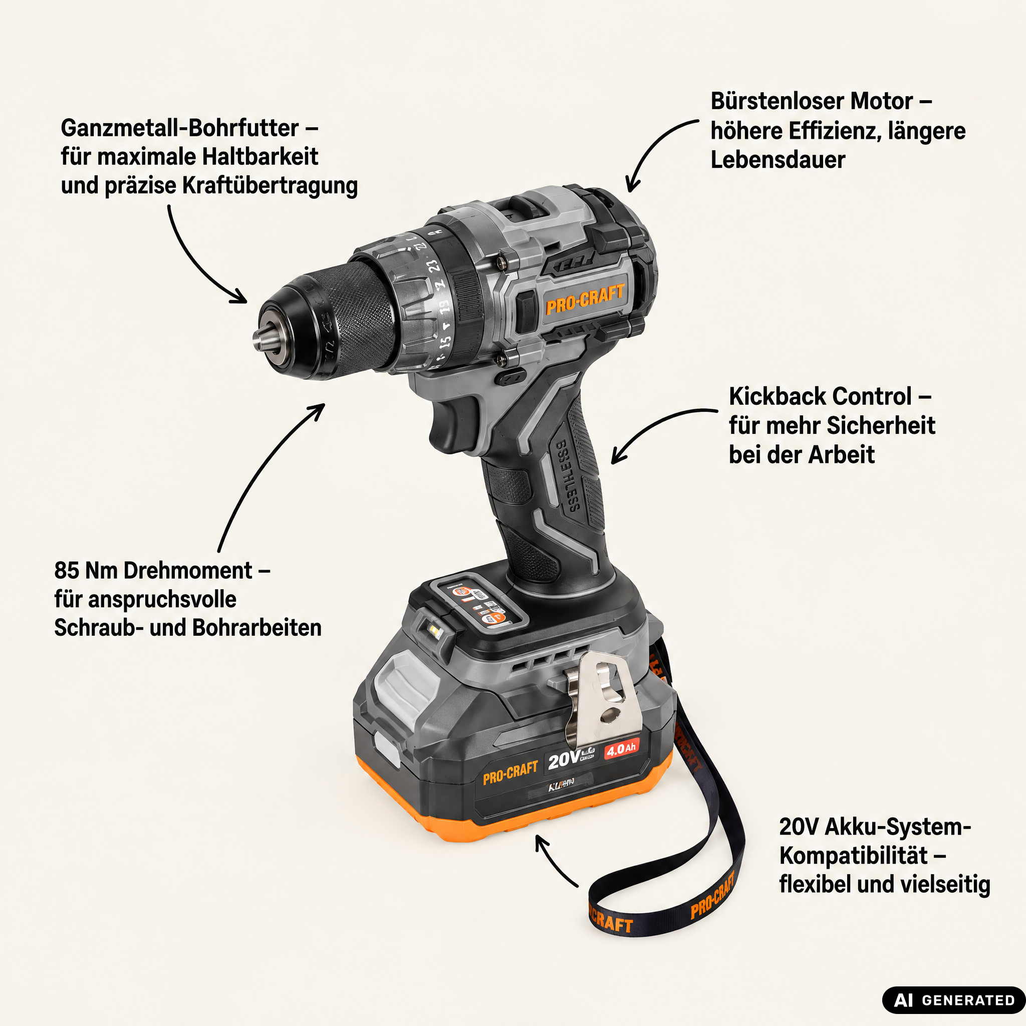 Procraft CD20Abb Perceuse-visseuse sans fil 20 V 85 Nm + 1x batterie 4,0 Ah - sans chargeur