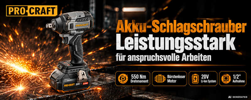Procraft Industrial IW550Abb Akku Schlagschrauber 20 V 550 Nm 1/2" + 1x Akku 4,0 Ah + Ladegerät