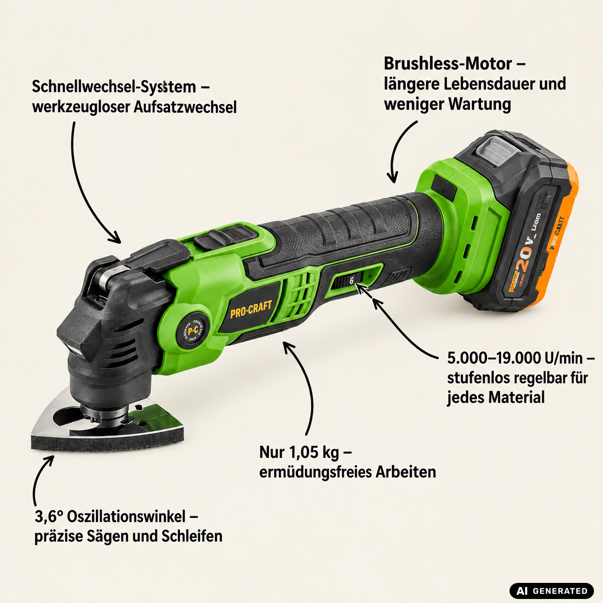 Procraft PMT22bb Akku Multifunktionswerkzeug 20 V Brushless - ohne Akku, ohne Ladegerät