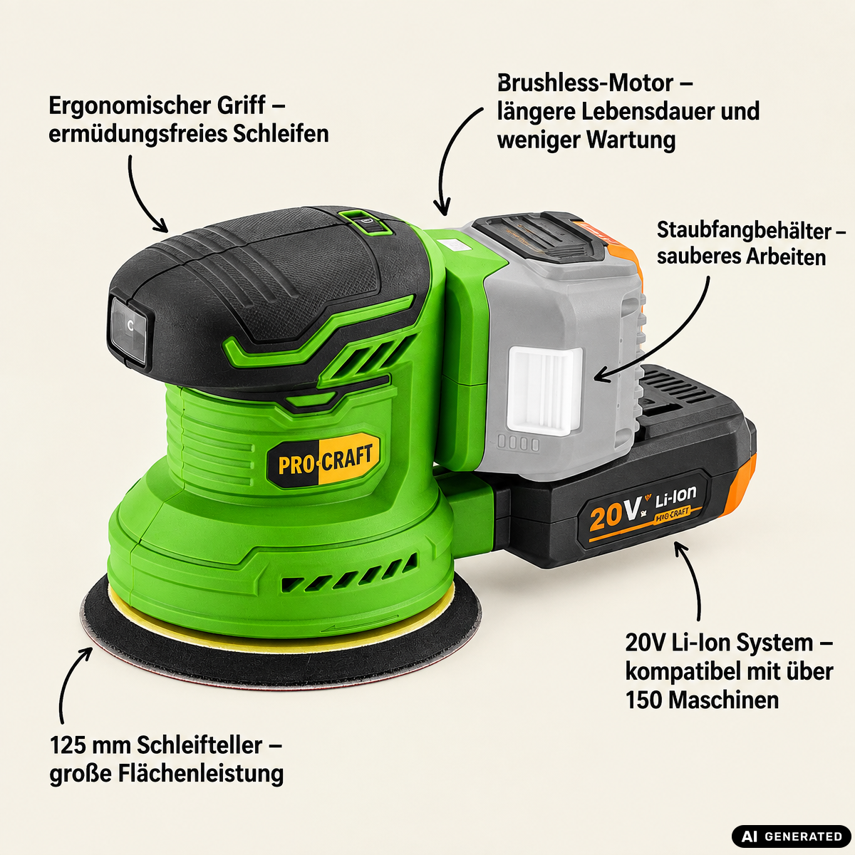 Levigatrice orbitale a batteria Procraft PX20BLbb 20 V 125 mm Brushless + 1x batteria 4,0 Ah + caricabatteria