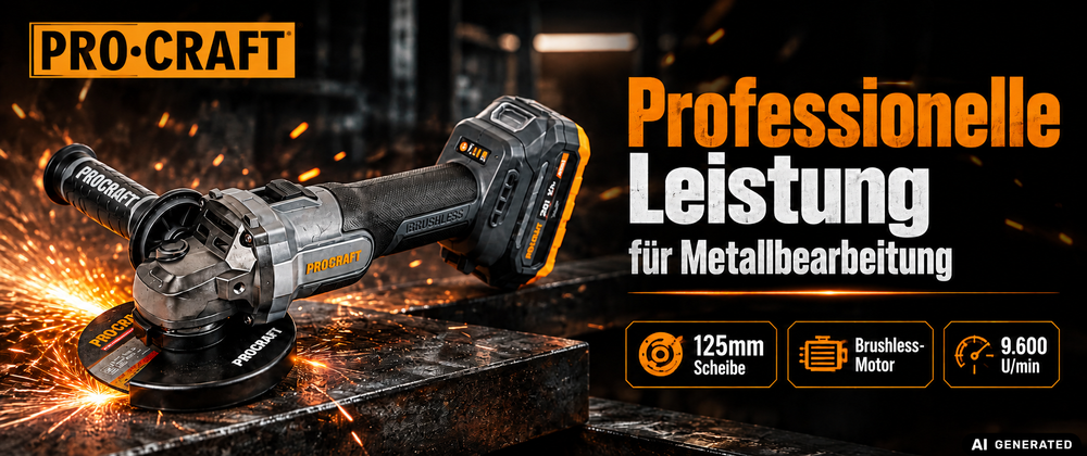 Procraft Industrial AG125Abb Akku Winkelschleifer 20 V 125 mm Brushless + 2x Akku 2,0 Ah + Ladegerät + RHINO Toolcase