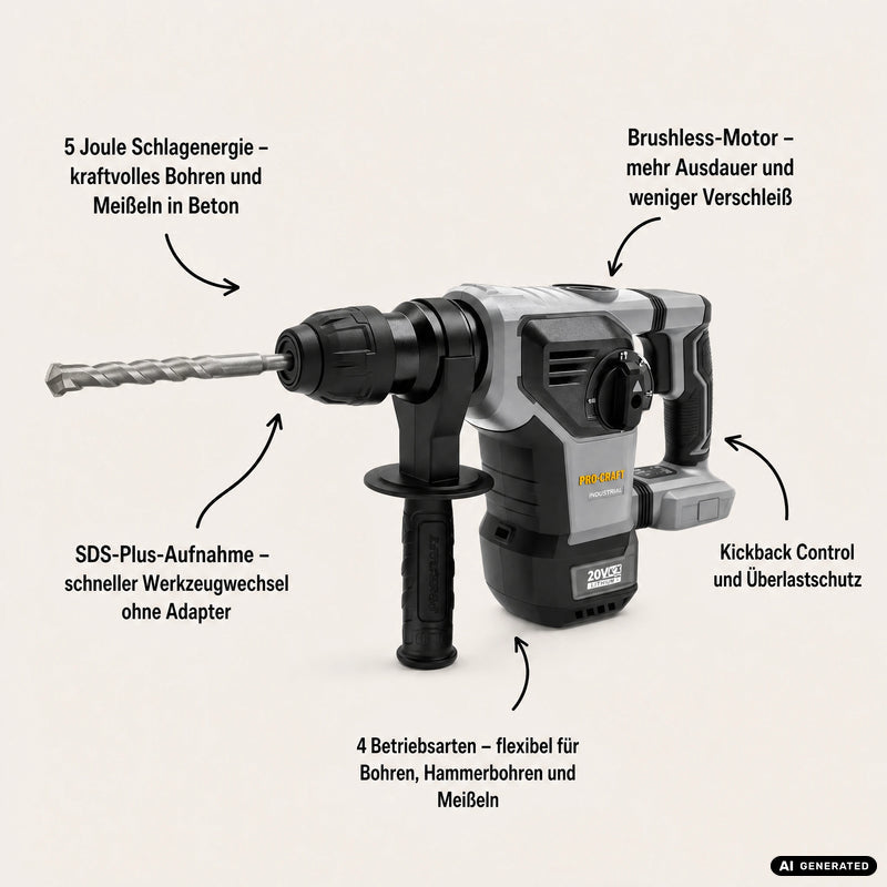 Marteau combiné sans fil Procraft Industrial HD20B-BB-C 20 V 5 J SDS plus Brushless + 1 batterie 2,0 Ah + mallette - sans chargeur