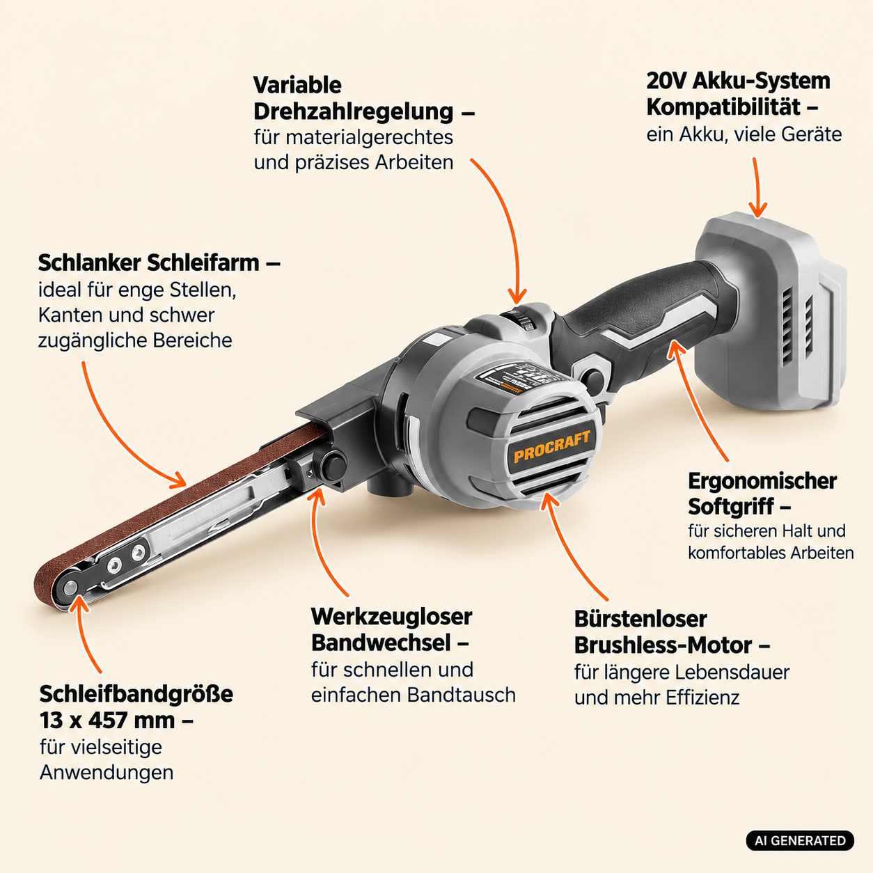 ProCraft Industrial PFA20A-BB Akku Bandfeile 20 V 13 x 457 mm Brushless + 1x Akku 8,0 Ah + Ladegerät