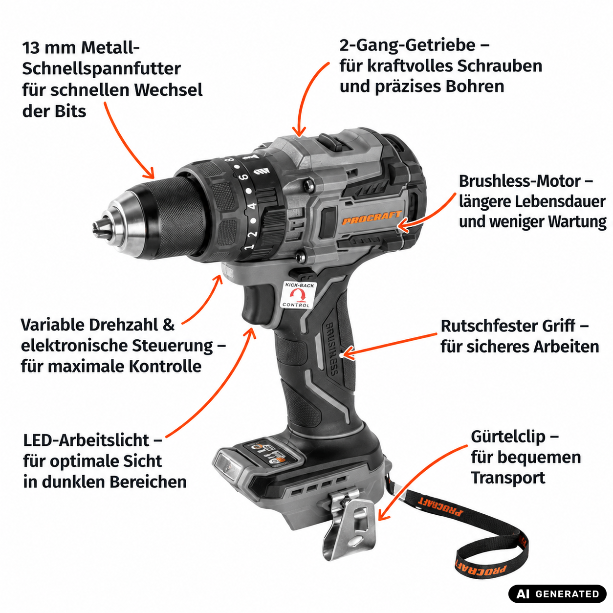 Perceuse-visseuse sans fil Procraft Industrial CD20B-BB 20 V 150 Nm sans balais + 1 batterie 4,0 Ah + chargeur + mallette RHINO