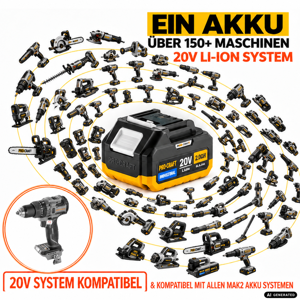 Perceuse-visseuse sans fil Procraft Industrial CD20B-BB 20 V 150 Nm sans balais + 1 batterie 4,0 Ah + chargeur + mallette RHINO