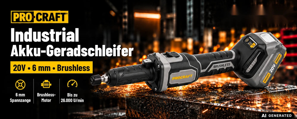 Procraft Industrial DG20A-BB Meuleuse droite à batterie 20 V 6 mm Brushless + 1x batterie 4,0 Ah + chargeur