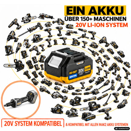 Procraft Industrial DG20A-BB Akku Geradschleifer 20 V 6 mm Brushless + 2x Akku 4,0 Ah + Ladegerät