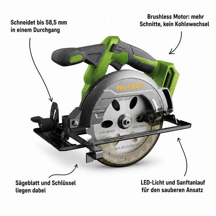 Procraft PCA32-BB Akku Handkreissäge 20 V 165 mm Brushless + 2x Akku 2,0 Ah + Ladegerät